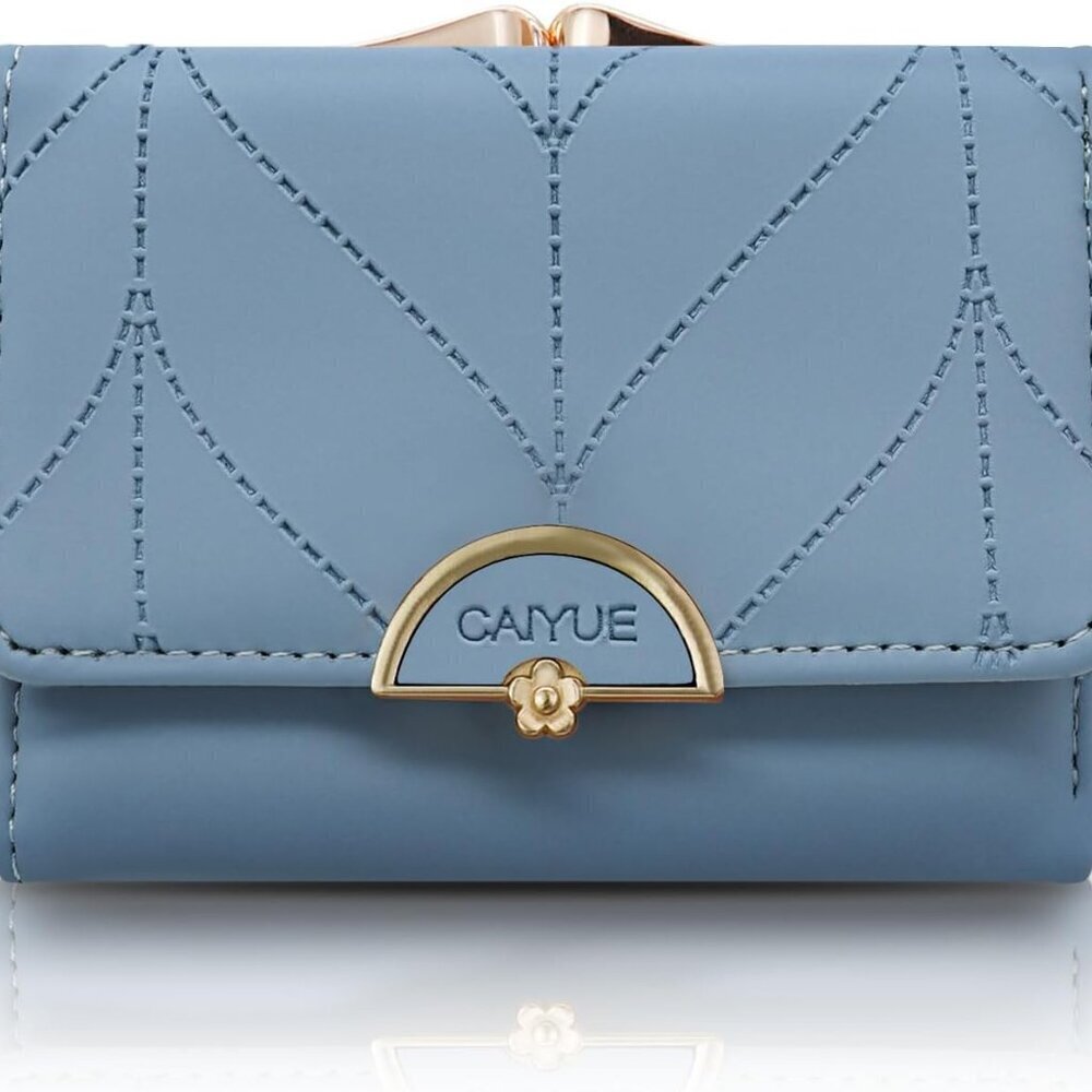 Small Faux Leather Wallet Women Trifold Card Slots Coin Purse Blue
